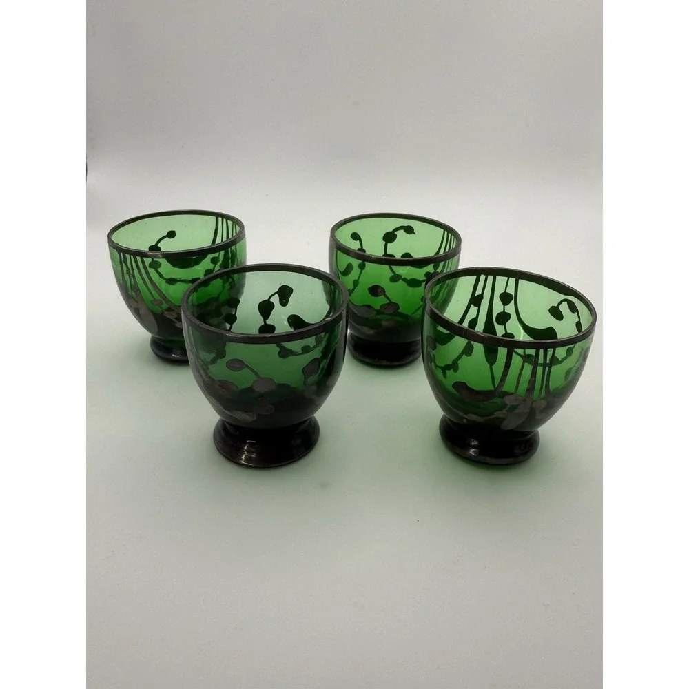 VTG Italian Emerald Green Glass Decanter & Glasses Silver Overlay Florence Italy